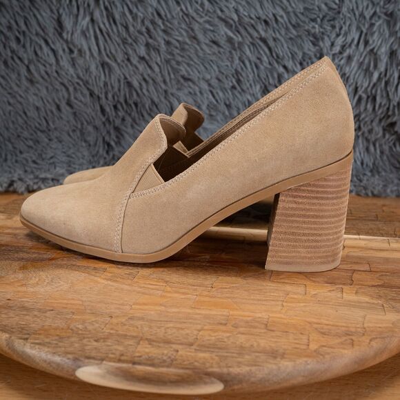 JOIE Wevenly Women’s 8.5 Suede Block Heel Closed Toe Tan Leather Slip On Shoes - Picture 4 of 6